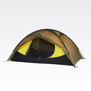 Brown TFS Stars 2 Pro with the vestibule rolled open, showing the mesh inner door and raised bathtub floor.