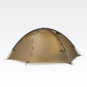 Brown TFS Stars 2 Pro tent with the rainfly closed, showing the crossed external poles.