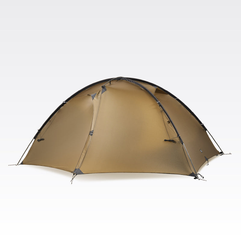 Brown TFS Stars 2 Pro tent with the rainfly closed, showing the crossed external poles.