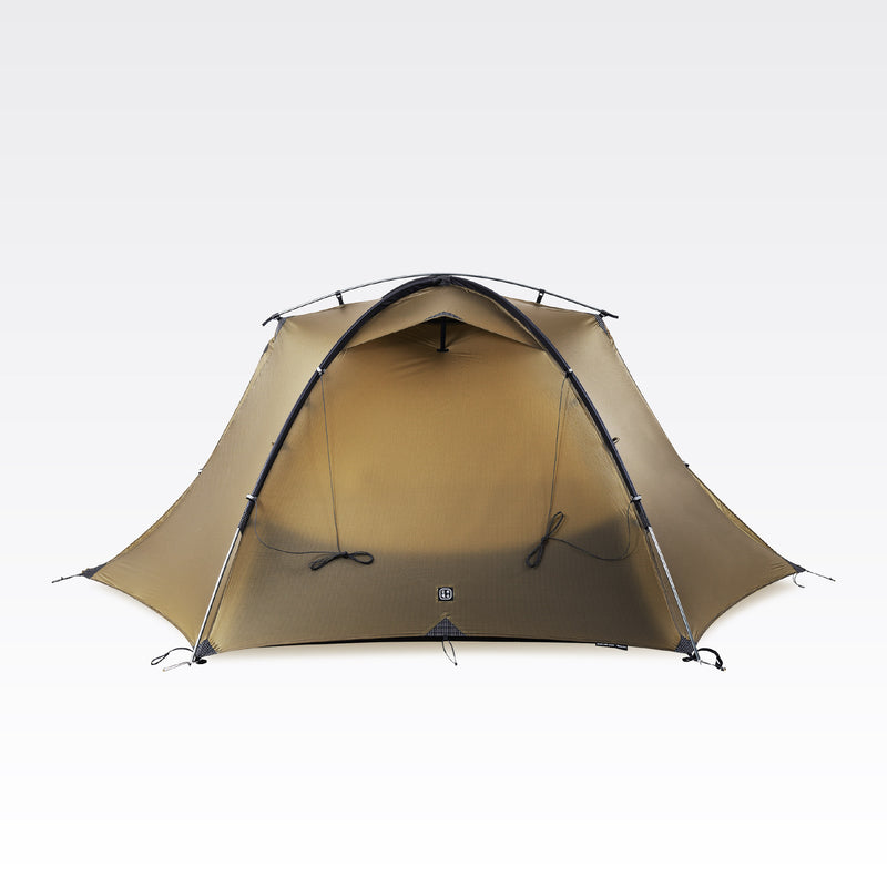 End view of the brown TFS Stars 2 Pro showing the external pole arch and two side vestibules.