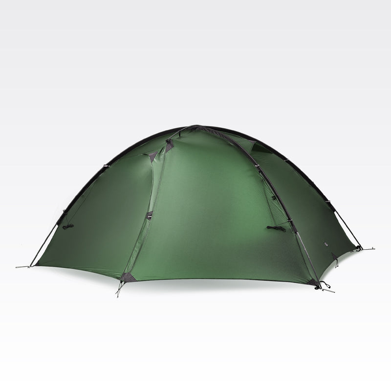 Pine green TFS Stars 2 Pro tent with the rainfly closed and external pole sleeves visible.