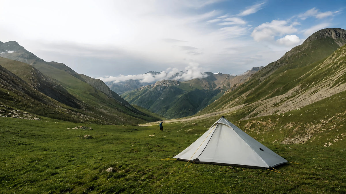 Lanshan 1 Pro ultralight trekking pole tent pitched in a green alpine valley beneath rugged mountains and drifting clouds