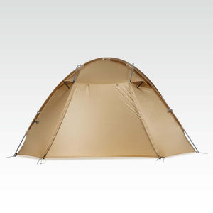 TFS Stars 4 tent in Desert Yellow, front view with the rainfly fully zipped closed.
