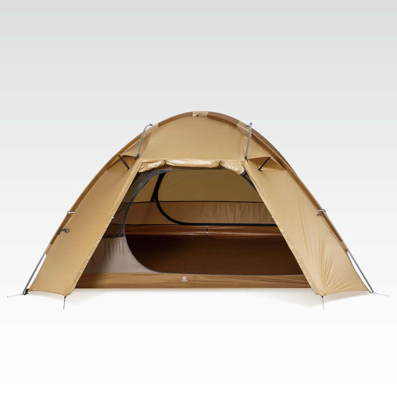 TFS Stars 4 tent in Desert Yellow, rainfly open with the inner shelter and overhang visible.